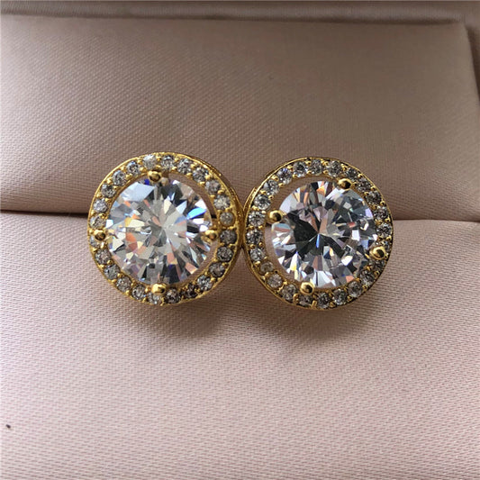 Female Luxury Crystal Round Stud Earrings Vintage Silver Color