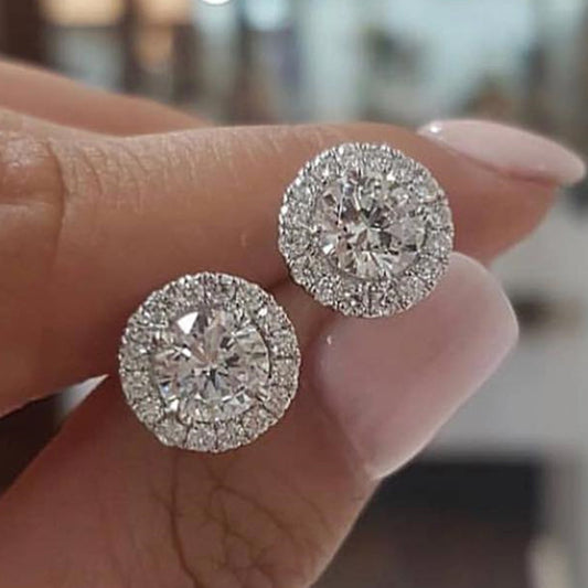 Female Luxury Crystal Round Stud Earrings Vintage Silver Color